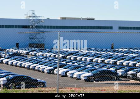 March 01 2023 - Casa Grande, Arizona: Electric cars outside the Lucid Motors EV manufacturing plant. Stock Photo