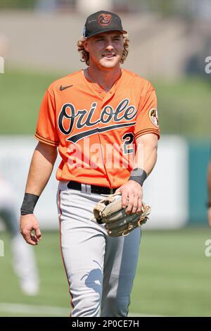 Lakeland, USA. 02nd Mar, 2022. Lakeland FL USA; Baltimore Orioles second  baseman Terrin Vavra (77) and outfielder Colton Bowser (76) stop to pose  for a photo during pregame warmups prior to an