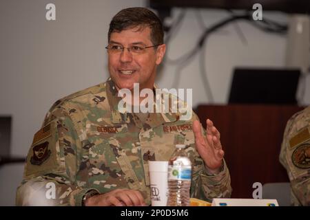 Maj. Gen. Andrew Gebara, 8th Air Force and Joint-Global Strike Operations Center commander, speaks to a group of Company Grade Officers during a luncheon at Dyess Air Force Base, Texas, Jan. 6, 2023. The General took the opportunity to get to know the CGO’s of Dyess on a more personal and professional level. Stock Photo