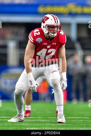 Wisconsin Badgers linebacker T.J. Watt (42) look on from the field in the  fourth quarter against the Western Michigan Broncos at AT&T Stadium in  Arlington, TX on Jan. 2, 2017. The Badgers