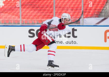 December 30, 2016: Detroit Red Wings left wing Henrik Zetterberg (40) and  Detroit Red Wings right wing Tomas Jurco (26) have a laugh during the 2017  Scotiabank NHL Centennial Classic practice day