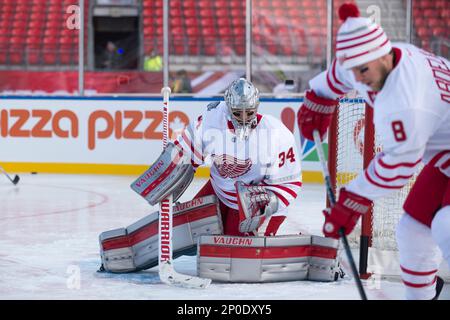December 30, 2016: Detroit Red Wings left wing Henrik Zetterberg (40) and  Detroit Red Wings right wing Tomas Jurco (26) have a laugh during the 2017  Scotiabank NHL Centennial Classic practice day
