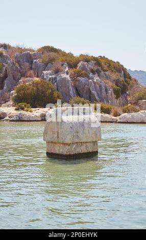 Exploring the Lycian Sarcophagi and Fortress of Kalekoy in Antalya, Turkey Stock Photo