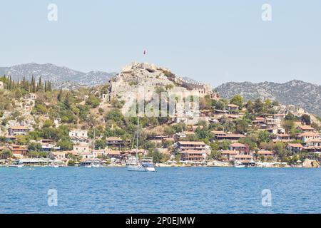 Exploring the Lycian Sarcophagi and Fortress of Kalekoy in Antalya, Turkey Stock Photo