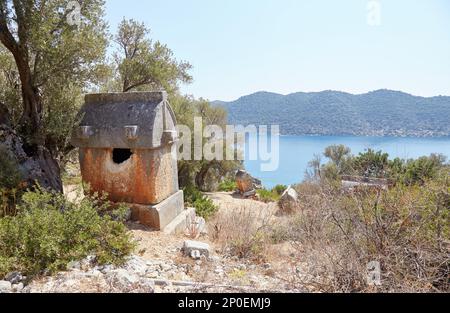 Exploring the Lycian Sarcophagi and Fortress of Kalekoy in Antalya, Turkey Stock Photo