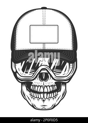 Skull in baseball cap with construction safety glasses in vintage monochrome style isolated illustration Stock Photo