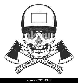 Skull in baseball cap with construction lumberjack axe in vintage monochrome style isolated illustration Stock Photo