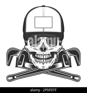 Skull in baseball cap and crossed construction pipe wrenches in vintage style on white background isolated illustration Stock Photo