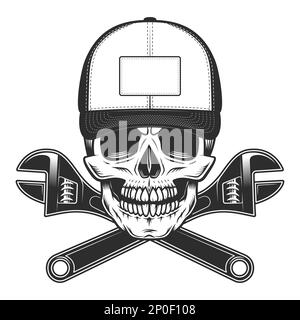 Skull with mustache in baseball cap and service rapair wrenches in vintage monochrome style isolated illustration Stock Photo