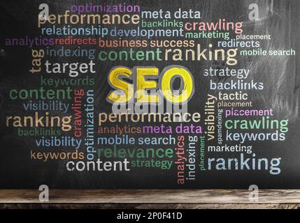 multicolored SEO search engine optimization word cloud on blackboard Stock Photo