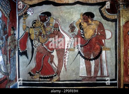 200 years old murals on the walls of the Ramalinga Vilasam Palace, Ramnad Palace in Ramanathapuram, Tamil Nadu, India Stock Photo