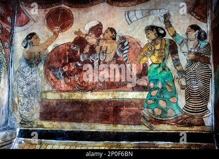 200 years old murals on the walls of the Ramalinga Vilasam Palace, Ramnad Palace in Ramanathapuram, Tamil Nadu, India Stock Photo