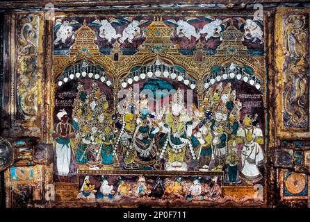 Wedding of Angayarkanni, Goddess Parvathi, 18th century ceiling painting in Sri Meenakshi Amman temple, Madurai, Tamil Nadu, India Stock Photo