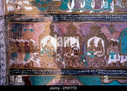 16th century Ramayana epic murals in Alagar Kovil, Alagar koyil Vasantha Mandapam ceiling near Madurai, Tamil Nadu, South India, India, Asia. The Stock Photo