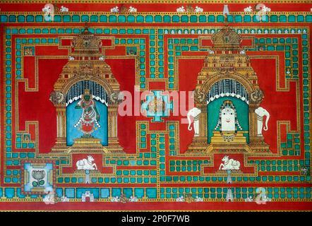 Painting Shiva Parvathi in Meenakshi Sundareswarar temple wall in Madurai, Tamil Nadu, South India, India, Asia Stock Photo