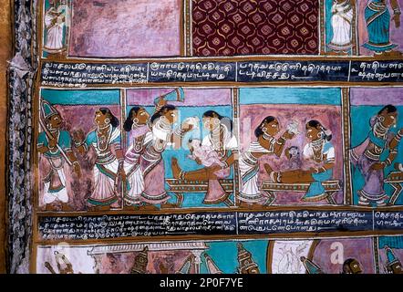 16th century Ramayana epic murals in Alagar Kovil, Alagar koyil Vasantha Mandapam ceiling near Madurai, Tamil Nadu, South India, India, Asia. Maids Stock Photo