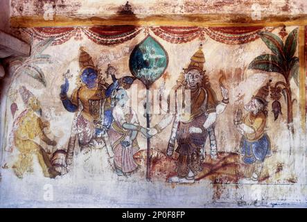 19th century Maratha Paintings on Brihadeshwara, Big temple wall in Thanjavur, Tanjore, Tamil Nadu, South India, India, Asia. Marriage of Lord Shiva Stock Photo