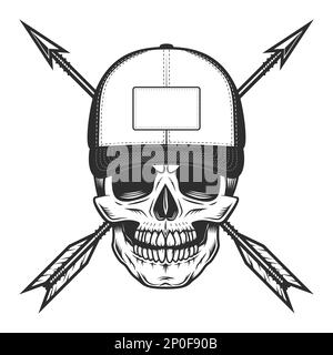 Skull in baseball cap with arrow with arrowhead vintage vector illustration Stock Vector
