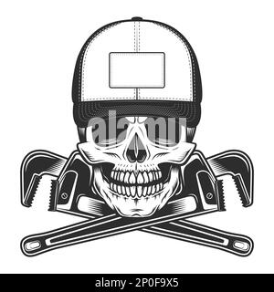 Skull in baseball cap and crossed construction pipe wrenches in vintage style on white background isolated vector illustration Stock Vector