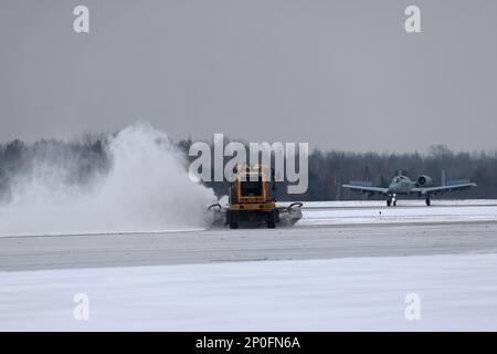 A-10 Thunderbolt II aircraft from the 107th Fighter Squadron at Selfridge Air National Guard Base, Michigan, arrive at the Alpena Combat Readiness Training Center (CRTC) on Tuesday to take part in Northern Strike 23-1. The winter iteration of the Norther Strike exercise serves as a cost and time effective way for units to train in conditions similar to those found above the Arctic Circle. Stock Photo