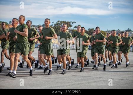 New U.S. Marines with Lima Company, 3rd Recruit Training Battalion, conduct the motivational run at Marine Corps Recruit Depot San Diego, Jan. 12, 2023. The motivational run was the last physical fitness event conducted in recruit training. Stock Photo