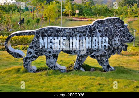 Sculpture of a Loin, Make in India logo, near Valley of flowers, Statue Of Unity Complex, located in the Kevadia colony, Gujarat, India Stock Photo