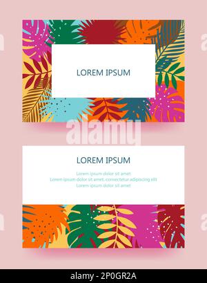 Bright business card with the image of colorful tropical plants on a pink background with soft shadow and example text Stock Vector