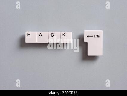 Cyber crimes and online computer hacking concept. Computer keyboard keys with the word hack. Stock Photo