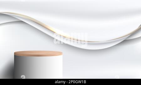 3D realistic top of wood surface white podium stand pedestal with abstract luxury template white satin fabric with gold wave ribbon lines and lighting Stock Vector