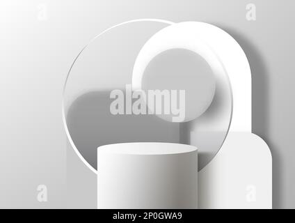 3D realistic white podium stand with rounded geometric, circle glass transparency backdrop on gray background. You can use for product presentation, c Stock Vector