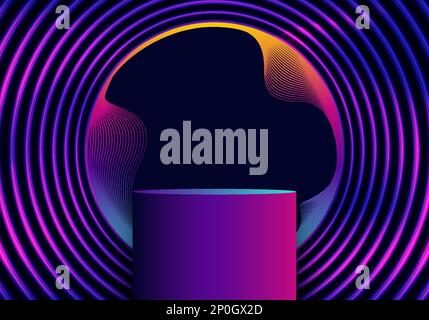 3D realistic neon colors podium with neon lighting circles pattern on black background technology cyberpunk style. Vector illustration Stock Vector