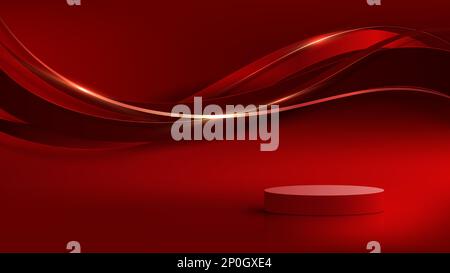 3D realistic red podium with red color wave lines with shiny golden curved line decoration and glitter lighting on gradient red background luxury styl Stock Vector
