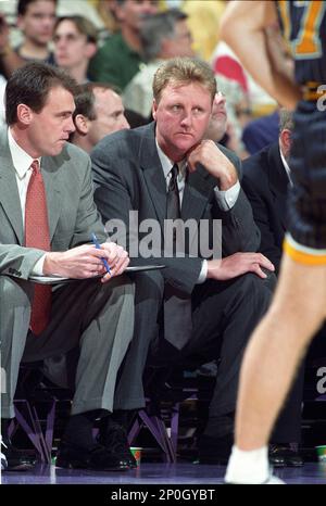 Indiana Pacers' head coach Larry Bird yells out to his team during Game 5  of the NBA Finals in Indianapolis, June 16. Bird, who will retire from  coaching when the Pacer season