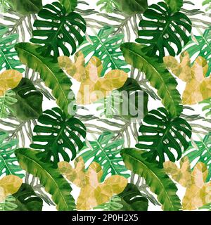 Watercolor pattern with tropical leaves. Wild green Brazilian jungle background. Hand drawn Rainy forest Amazonia plants. Design for textile, packaging Stock Photo