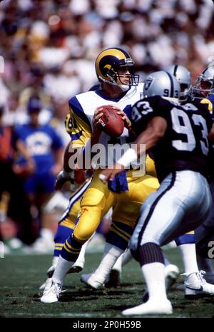 Los Angeles running back Marcus Allen (32) tries to break away from  Washington Redskins Dave Butz (65) as Rich Milot (57) looks on during the  first half of their game at R.F.K.