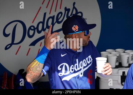 Los Angeles Dodgers' David Peralta talks with teammates in the dugout prior  to a spring training baseball game against the Arizona Diamondbacks  Thursday, March 2, 2023, in Phoenix. (AP Photo/Ross D. Franklin