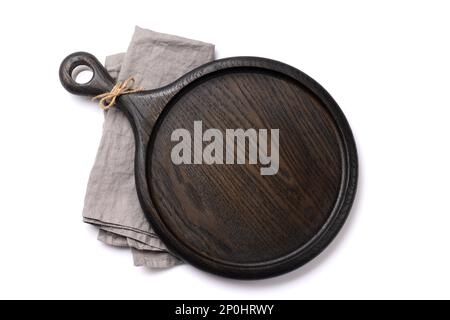 Wooden cutting board and kitchen towel. Isolated on white background. Flat lay with copy space Stock Photo