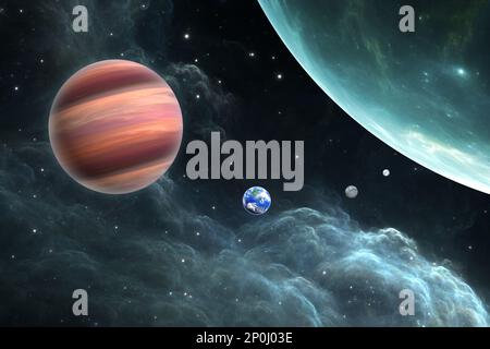 Planets outside our solar system. Exoplanets and exoplanetary systems, space background. 3d illustration Stock Photo