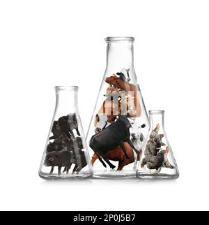 Small cows, pigs and chickens in laboratory flasks on white background. Cultured meat concept Stock Photo