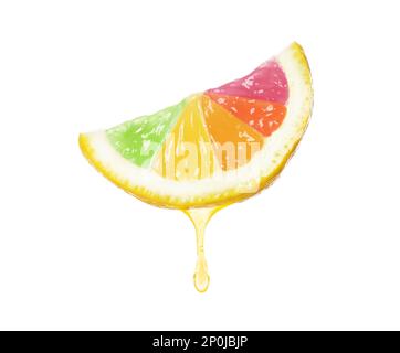 Fresh lemon slice with rainbow segments on white background. Brighten your life Stock Photo