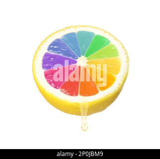 Half of fresh lemon with rainbow segments on white background. Brighten your life Stock Photo