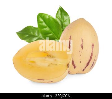Fresh ripe pepino melons and green leaves on white background Stock Photo