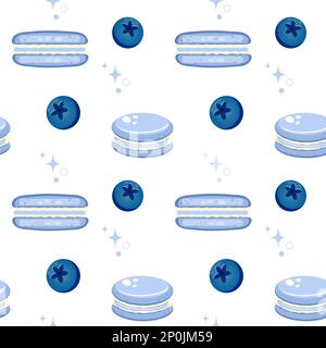 Blueberry macarons and lavender flowers. Tasty seamless pattern. Stock Vector
