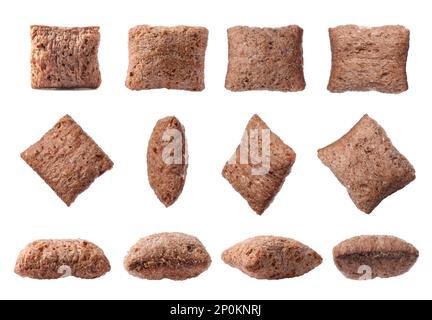 Set with sweet crispy corn pads on white background Stock Photo