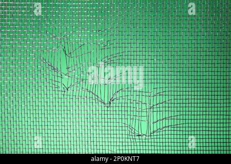 Torn window screen against green background, closeup Stock Photo