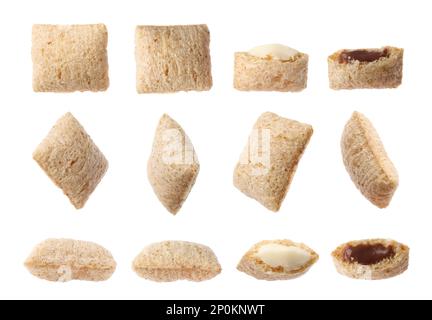 Set with sweet crispy corn pads on white background Stock Photo