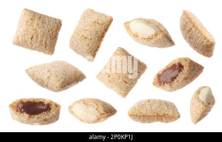 Set with sweet crispy corn pads on white background Stock Photo