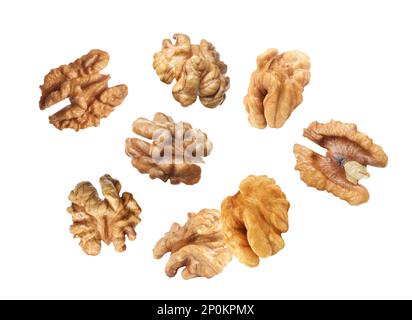 Halves of walnuts falling on white background Stock Photo