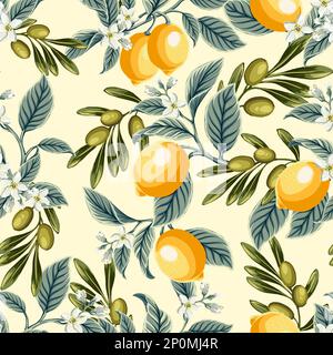 lemon slices, olives and olive branch Set of hand drawn botanica Lemon seamless pattern . Lemons and olives colorful pattern in hand drawn doodle styl Stock Vector