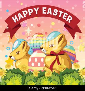 Happy Easter Day Poster Design with Bunny and Colourful eggs illustration Stock Vector